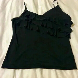 Womens Sz L Sheer, Lacy & Dressy Ruffled Black Tank Dressy Top